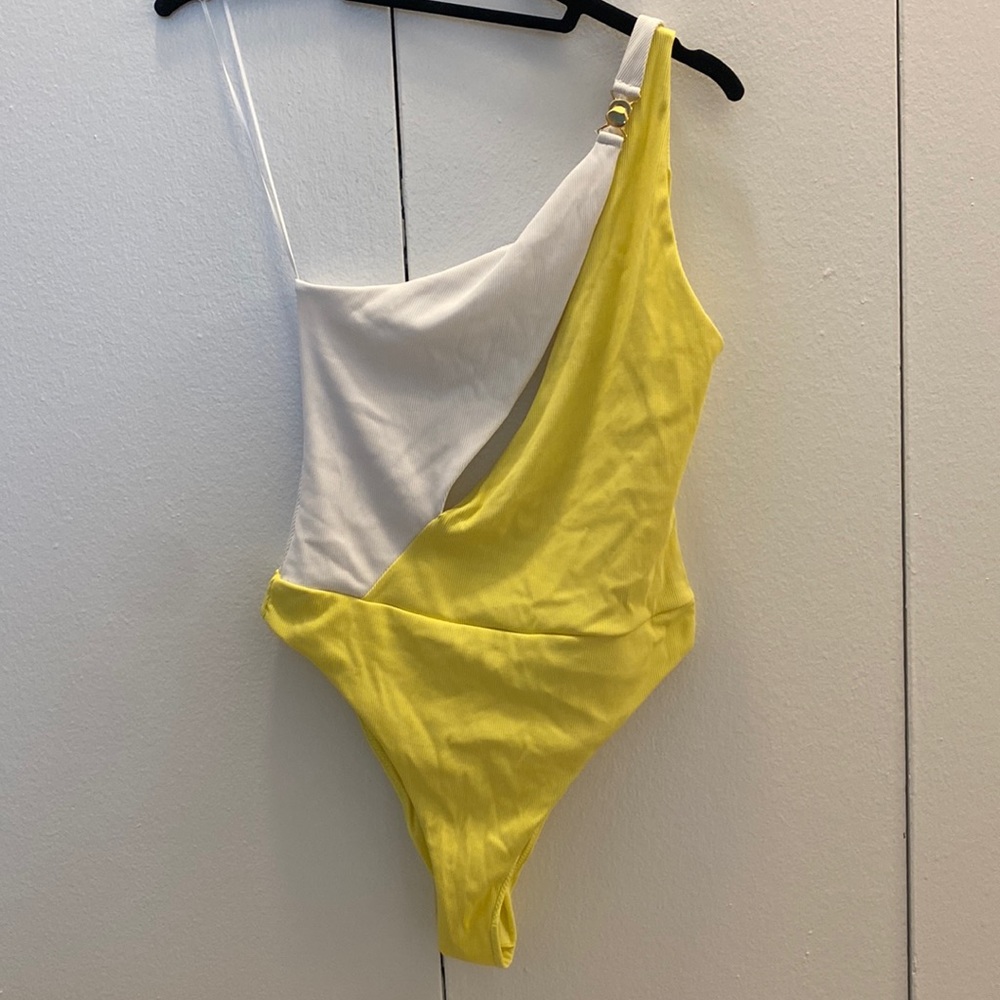 ZARA Asymmetrical Yellow & White One-Piece Swimsuit